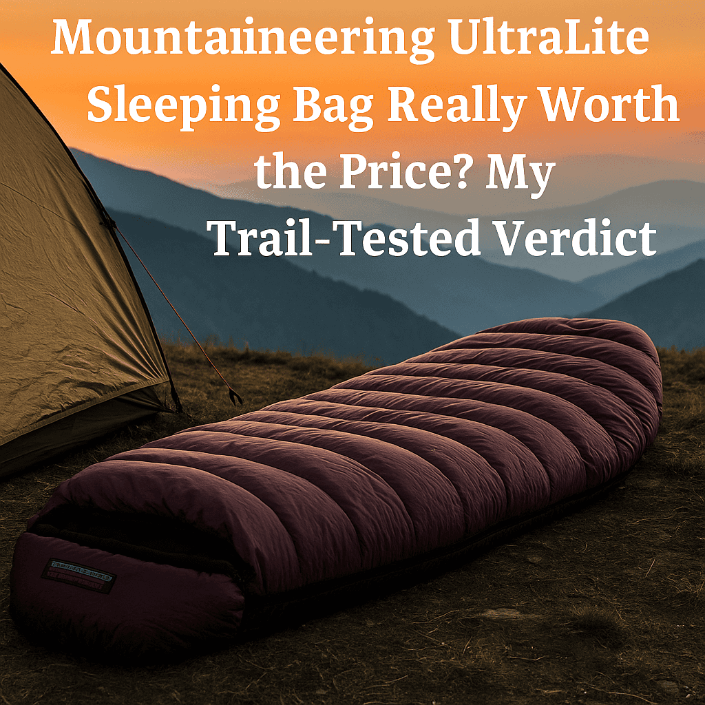 Western Mountaineering UltraLite sleeping bag laid out beside a tent in the mountains during a sunrise hike, used for gear review on HikerHeritage.com.