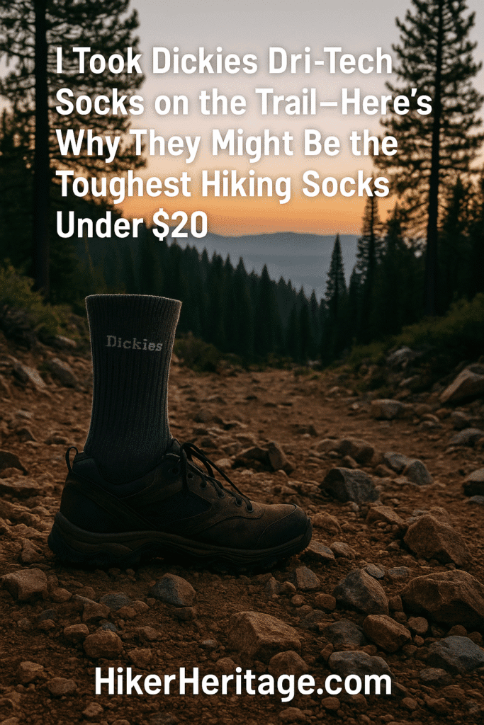 Pair of Dickies Dri-Tech moisture control crew socks on hiking boots at a rocky trailhead, featured in a HikerHeritage gear review.