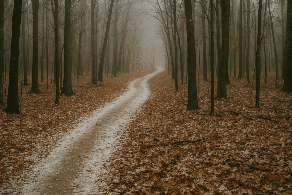 A foggy forest trail on the Ice Age National Scenic Trail, lightly dusted with snow and lined with bare trees and fallen autumn leaves, curving into the distance through a quiet, misty woodland in late fall.