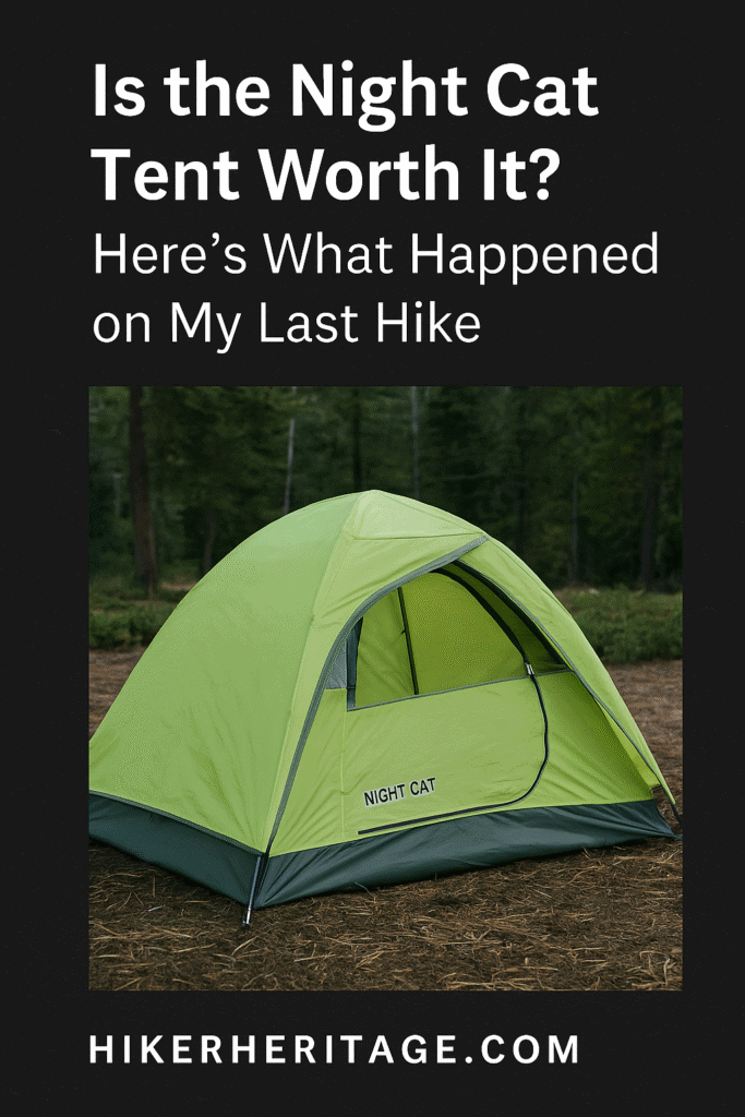 Green Night Cat backpacking tent pitched in a forest clearing, featured in a blog review titled “Is the Night Cat Tent Worth It?” on HikerHeritage.com