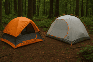 Two camping tents are pitched in a dense, green forest. On the left is the ALPS Mountaineering Lynx 1-Person Tent, featuring a compact dome shape with orange and gray fabric. On the right is the Big Agnes Copper Spur HV UL2 Tent, a larger gray and orange ultralight tent with a distinctive high-volume structure. Both are set on a forest floor covered in pine needles, surrounded by tall trees and dappled sunlight