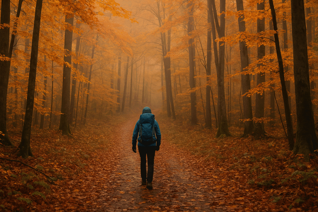 A lone hiker in a teal jacket and backpack walks along a misty forest trail covered in fallen autumn leaves, surrounded by tall trees with vibrant orange foliage on a calm fall day.