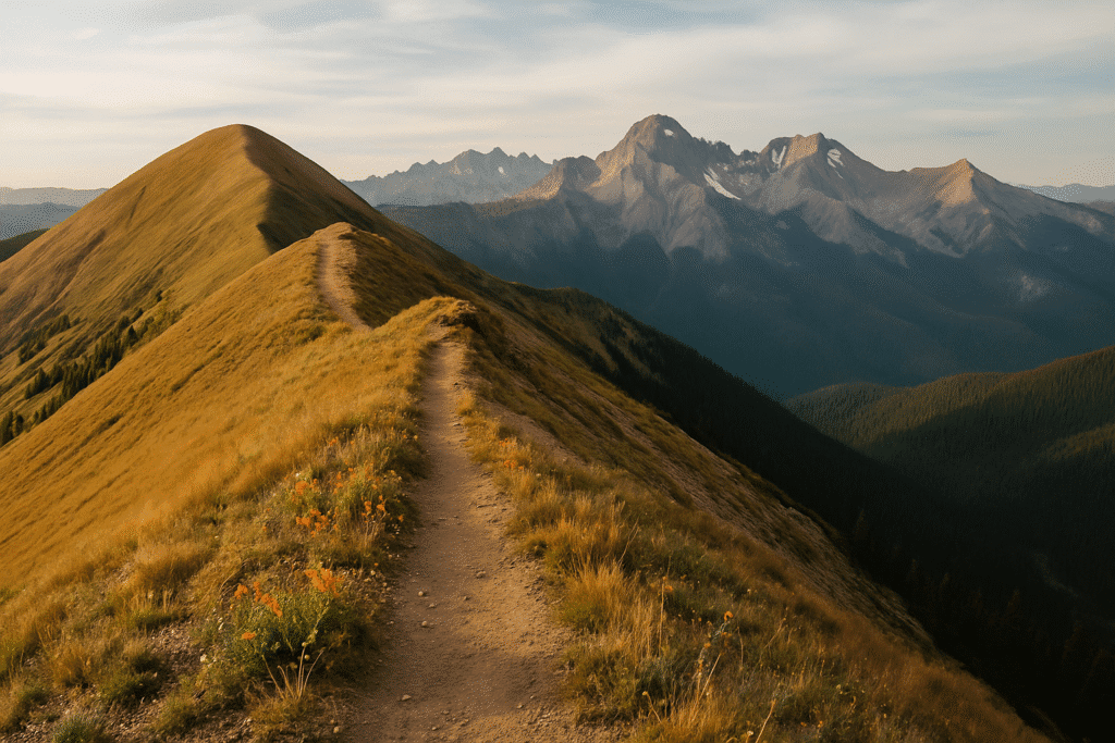 Continental Divide Trail winding along a sunlit alpine ridgeline with distant mountains and open sky