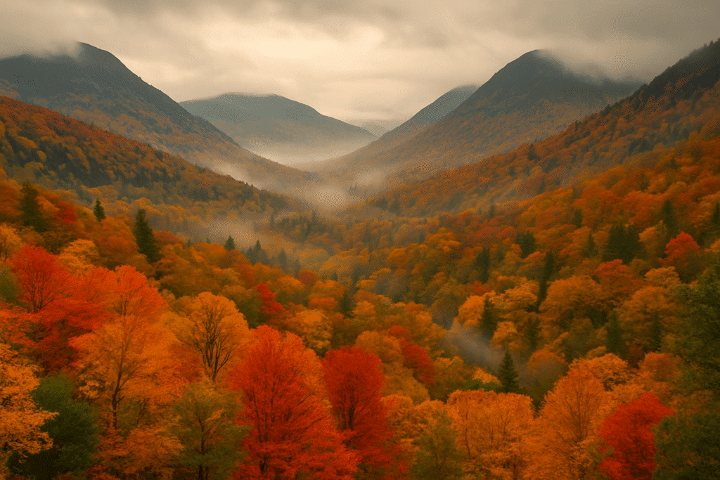 A panoramic view of a mountain valley in autumn, filled with vibrant fall foliage in shades of red, orange, and yellow. Light mist drifts through the trees and hangs gently over the valley, with dark mountain peaks rising in the background under a cloudy sky.