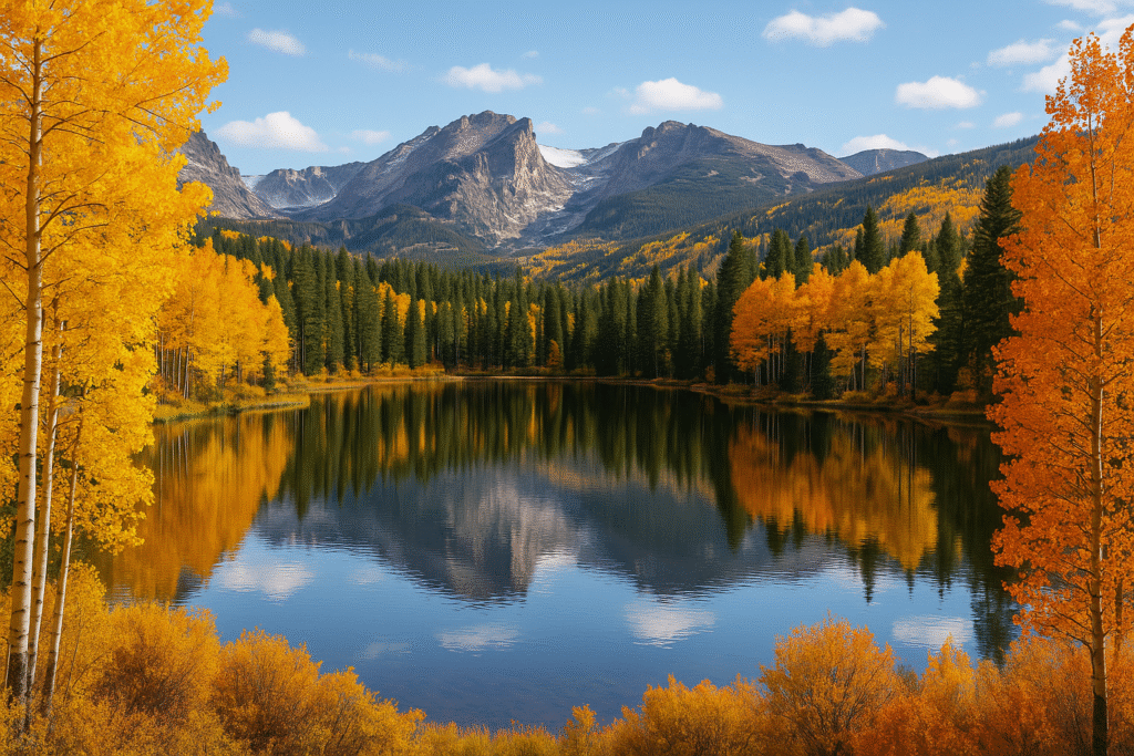 Autumn lake reflection with golden trees and mountains.