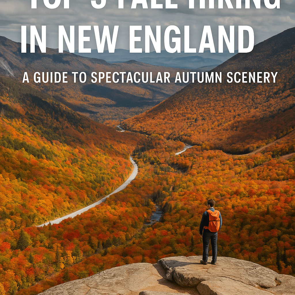 A hiker overlooking a colorful autumn valley in the White Mountains of New England with text overlay: Top 5 Fall Hiking Trails in New England – A Guide to Spectacular Autumn Scenery