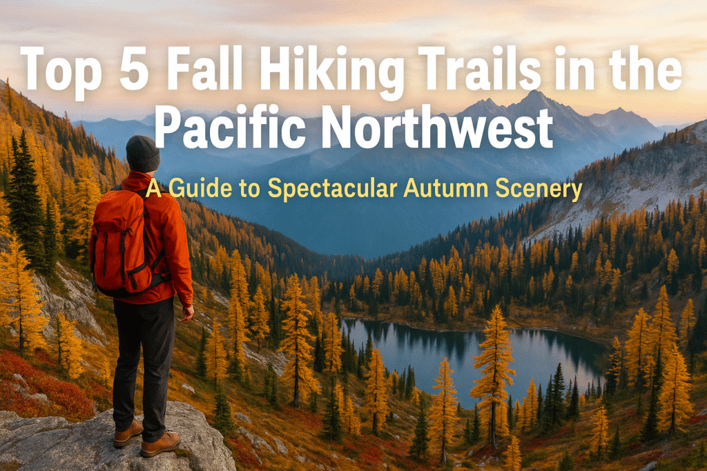 A hiker with an orange backpack stands on a rocky outcrop overlooking a serene alpine lake and golden larches in the Pacific Northwest, with bold text overlay reading: Top 5 Fall Hiking Trails in the Pacific Northwest – A Guide to Spectacular Autumn Scenery