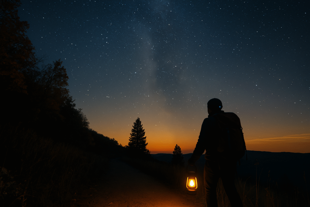 Person with lantern under starry night sky.