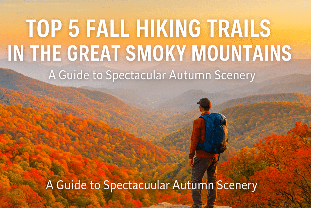 A hiker in the Great Smoky Mountains standing on a rocky overlook, surrounded by vivid fall foliage, with bold text reading: Top 5 Fall Hiking Trails in the Great Smoky Mountains – A Guide to Spectacular Autumn Scenery.