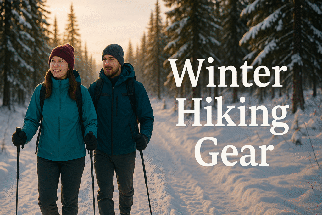 Couple winter hiking with snow-covered trees